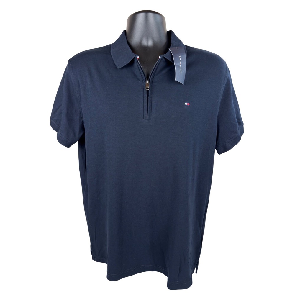 Tommy Hilfiger Mens Navy Blue 1/4 Zip Short Sleeve Cotton Polo Shirt XM05208 New
